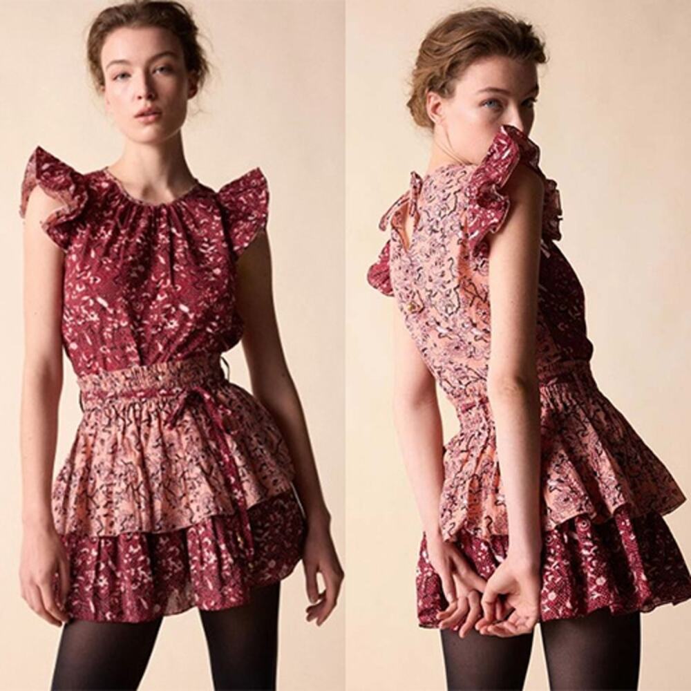 NWT St. Roche Starling Elastic Tie Waist Ruffle Casual Mini Skirt in Red Berry